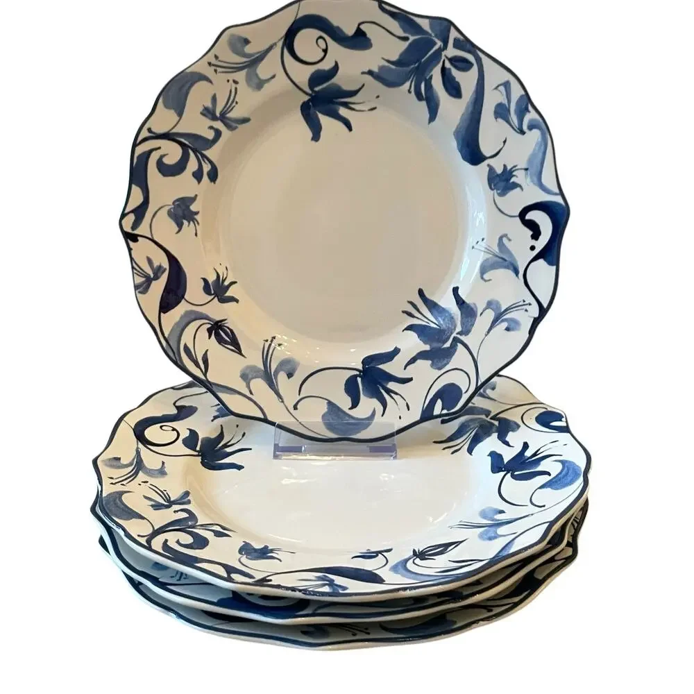 New 222 Fifth AYLA Blue Floral Porcelain 8.5in Salad Plates Scalloped Set of 4